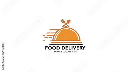 Food Delivery logo with an orange cloche, crossed fork and spoon, and speed lines, symbolizing fast meal service.
