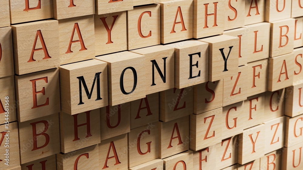 Obraz premium money.wooden blocks spelling.Flat lay view from above on wooden background with wooden blocks buttons.IT technology concept.3D rendering on wooden background.