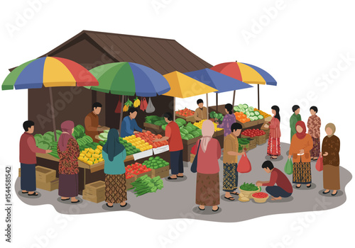 A vibrant and colorful flat vector illustration depicting a bustling traditional market scene in Indonesia, known as a 'pasar tradisional', filled with a diverse crowd of people shopping.