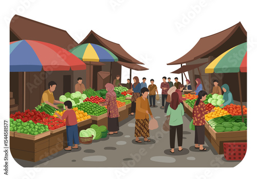 A vibrant and colorful flat vector illustration depicting a bustling traditional market scene in Indonesia, known as a 'pasar tradisional', filled with a diverse crowd of people shopping.