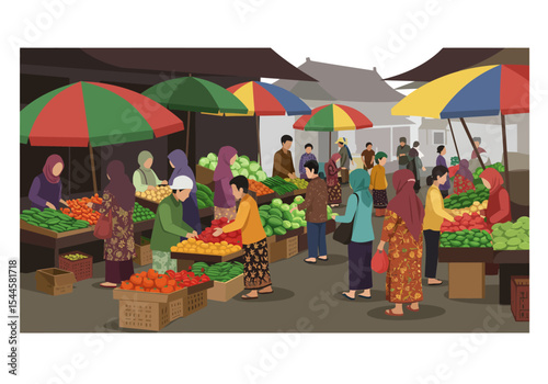 A vibrant and colorful flat vector illustration depicting a bustling traditional market scene in Indonesia, known as a 'pasar tradisional', filled with a diverse crowd of people shopping.