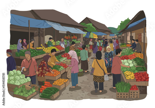 A vibrant and colorful flat vector illustration depicting a bustling traditional market scene in Indonesia, known as a 'pasar tradisional', filled with a diverse crowd of people shopping.