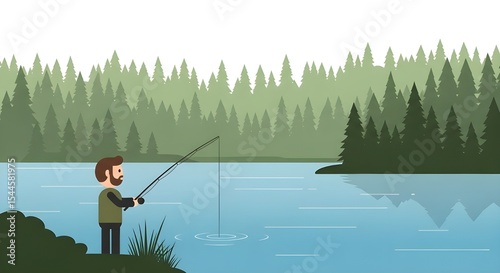 Man Fishing by Lake with Forest Background | Cartoon Illustration of Fisherman for Outdoor Recreation and Environmental Conservation Marketing