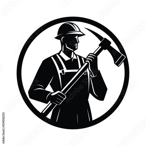 Silhouette of a coal miner holding a pickaxe wearing protective overalls and a hard hat within a circle