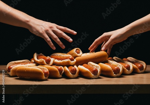 Bystander hand reaching toward table filled with untouched hot dogs  