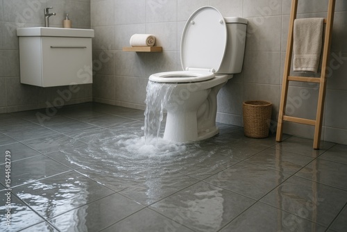 Plumbing Emergency Bathroom Flood Disaster Home Interior Scene Tiled Floor Overflowing Toilet Water Damage