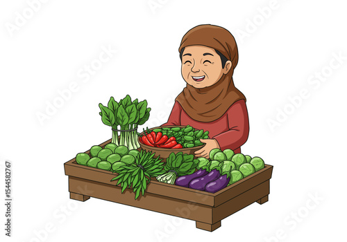 A warm and friendly modern cartoon vector illustration of a middle-aged Indonesian female vegetable seller, smiling behind her market stall filled with colorful tropical vegetables.