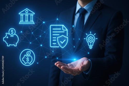 Businessman Presenting Futuristic Holographic Icons of Financial Services in Premium Corporate Environment