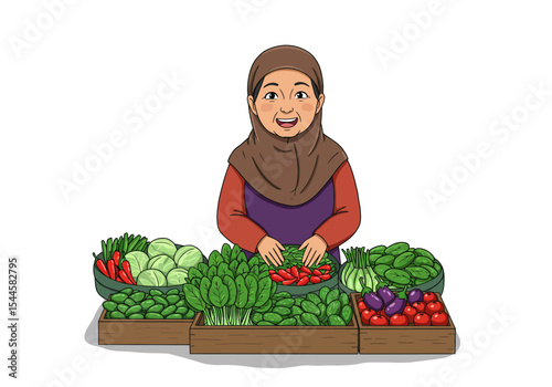 A warm and friendly modern cartoon vector illustration of a middle-aged Indonesian female vegetable seller, smiling behind her market stall filled with colorful tropical vegetables.