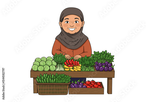 A warm and friendly modern cartoon vector illustration of a middle-aged Indonesian female vegetable seller, smiling behind her market stall filled with colorful tropical vegetables.