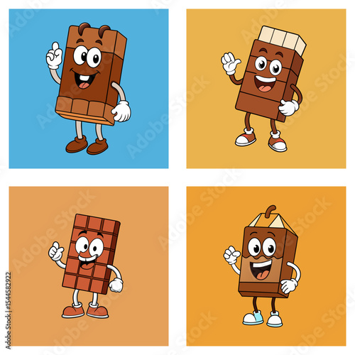 Four panels showcasing cartoon chocolate bars with arms legs and facial expressions on different backgrounds