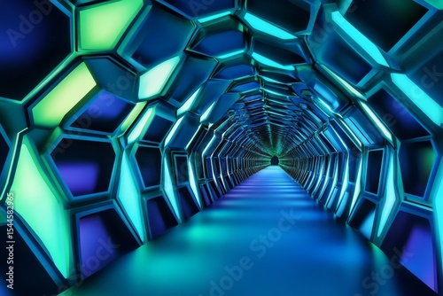 Through a vibrant abstract tunnel, glowing hexagons in shades of blue and green create a mesmerizing and endless visual experience, captivating the viewer with depth and color