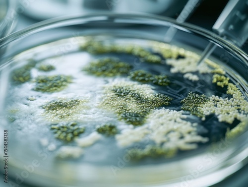 Detailed laboratory image displays close-up shot of a petri dish with bacterial growth, showcasing a microcosm of microbial life. The visual encapsulates scientific research. photo