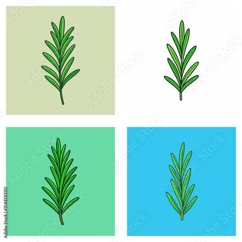 Four panels showing a rosemary sprig on different backgrounds in a pop art style arrangement