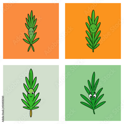 Four square images displaying cartoon rosemary sprigs with smiling faces on different color backgrounds