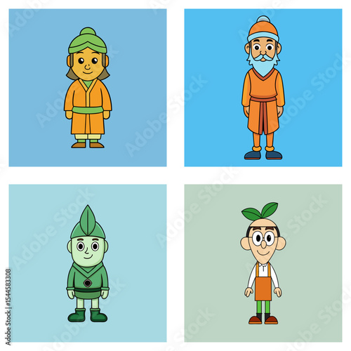 A collection of four cartoon characters with unique designs and colorful backgrounds displayed together nicely