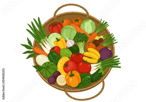 A vibrant top-down flat lay vector illustration of a traditional Indonesian woven shopping basket, overflowing with a colorful and abundant variety of fresh produce directly from the market.