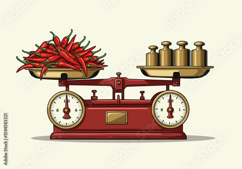 A retro-style close-up vector illustration of a classic market weighing scale, known as a 'timbangan bebek', actively balancing a pile of fresh red chili peppers 