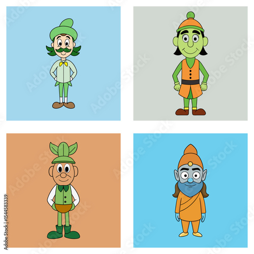 Four cartoon characters with different outfits and backgrounds in a square format image