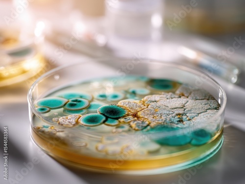 An up-close shot of a petri dish filled with vibrant microorganisms, displaying the unseen beauty of science and discovery in a controlled environment.