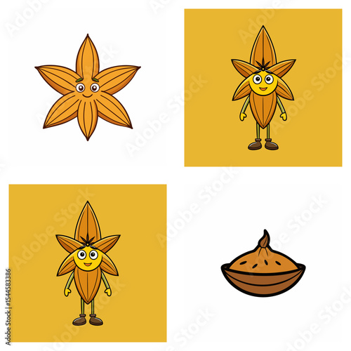 Cartoon star fruit character in various poses with a yellow background and a single fruit image on white