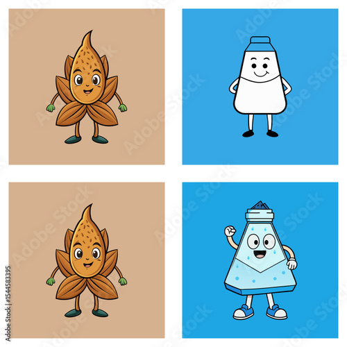 Illustration featuring cartoon almond character alongside salt shaker characters in a grid format