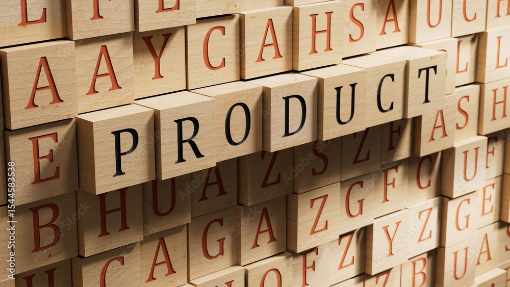 Obraz premium Product word with letters on wooden blocks on wooden table. Product or services sales business concept.3D rendering on wooden background.
