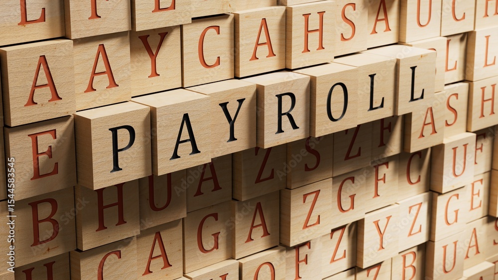 Obraz premium PAYROLL word on wooden blocks. Concept of investment and savings money. wooden blocks with letters.Business Concept.3D rendering on wooden background.