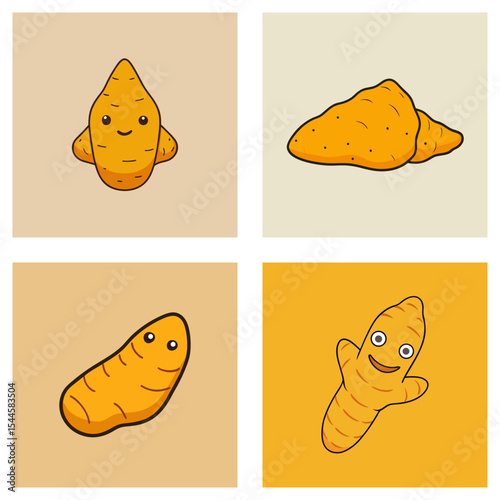 Four cartoon turmeric illustrations with different poses and facial expressions shown in squares