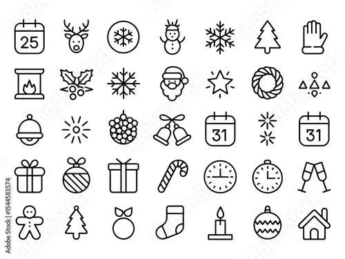 festive outline icon collection of 35 christmas and new year symbols including calendar, decorations, gifts, santa, tree, and party elements