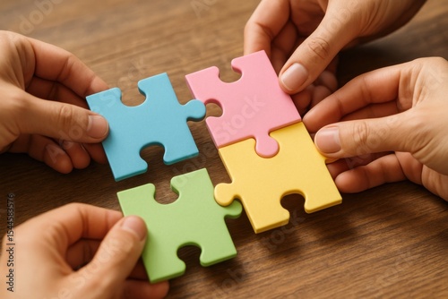 Hands Collaborating on Colorful Jigsaw Puzzle Teamwork Concept Bright Pastel Environment Close-up View