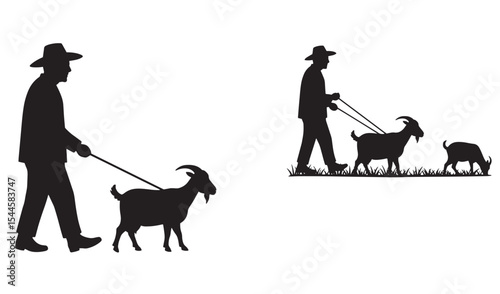 Silhouette of a farmer walking goats on a leash in a black and white vector illustration