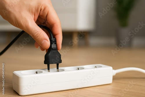 Power Safety and Energy Management Hand Plugging Device into Power Strip on Wooden Floor Closeup View