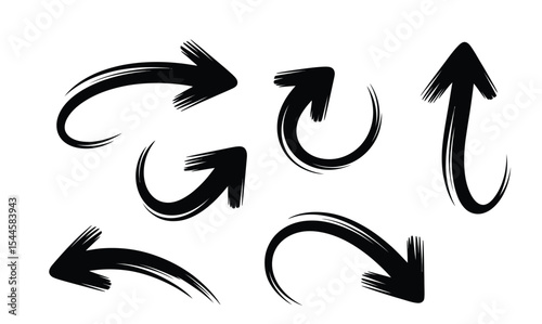 set of six black hand-drawn brush stroke arrows pointing in different directions, artistic sketch-style elements on white background