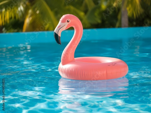 Floating flamingo in a pool on a sunny summer day
