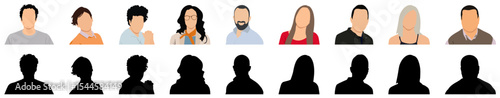 Diverse people avatar profile portraits with unknown faceless silhouettes of man and woman set