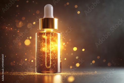 A glowing serum bottle stands prominently, illuminated by warm golden light