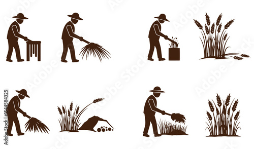 Silhouetted illustrations depicting agricultural farming activities with farmers and wheat crops