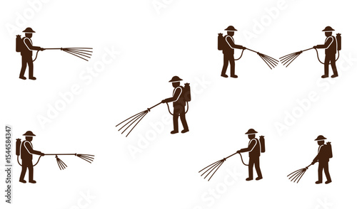 Silhouetted gardener spraying pesticide using a backpack sprayer on a white background