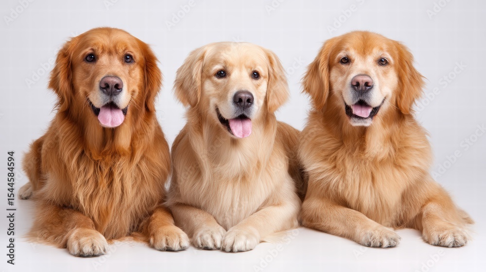 Fototapeta premium Three golden retrievers are lying down together on a soft white backdrop, showcasing their playful and affectionate nature in a beautiful photograph.