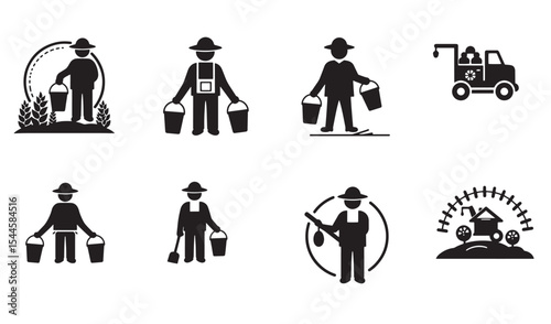 Simple black and white farmer icons depicting various agricultural activities and tasks