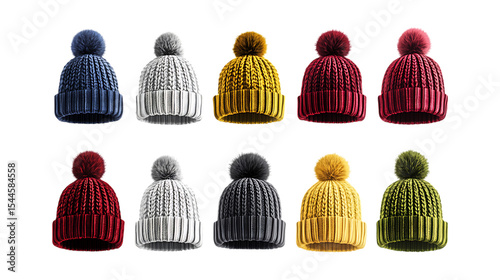 Pack Collection Winter Knit Hats Pom Pom Beanie Collection  Various Colors  Styles set against transparent background