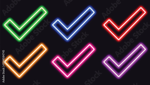 Glowing Green checkmark neon icon symbol isolated. Tick symbol in green color, vector illustration. Success symbol for website computer and mobile. Vector Illustration	