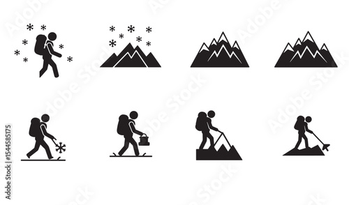 Vector illustration set depicting various outdoor hiking and mountain climbing activities