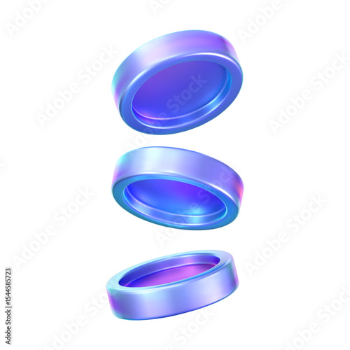 3D holographic coin stack with purple neon effect, isolated on a white background. Render of iridescent chrome coin pile, game token, casino chip, digital currency, or treasure. 3D vector illustration