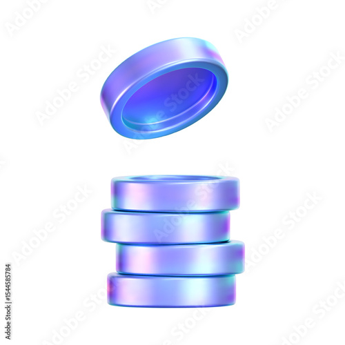 3D holographic coin stack with purple neon effect, isolated on a white background. Render of iridescent chrome coin pile, game token, casino chip, digital currency, or treasure. 3D vector illustration