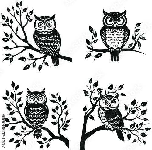 A cute vector illustration of an owls on a tree branch, animal silhouette designs