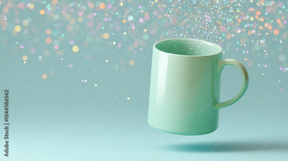 Obraz premium A Mint Green Mug Levitating with Sparkling Lights Pastel Background Ideal for Branding Mockup Design