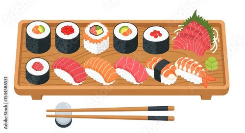Sushi Platter on Wooden Tray with Chopsticks | Fresh Japanese Cuisine for Restaurant Menu, Food Blog, and Asian Recipe Illustrations
