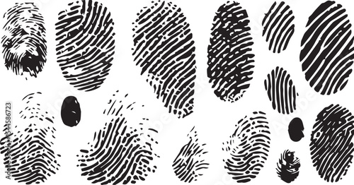 set of Abstract Black Fingerprint Silhouette Against White Background – Grunge Thumbprint and Identity Graphic Element for Modern ID and Security Designs
